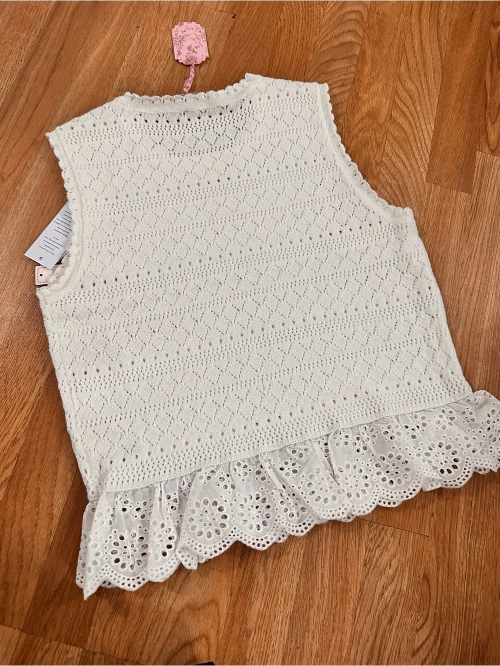 Nanette Lepore White Crochet Knit Tank with Eyelet Ruffle Hem
